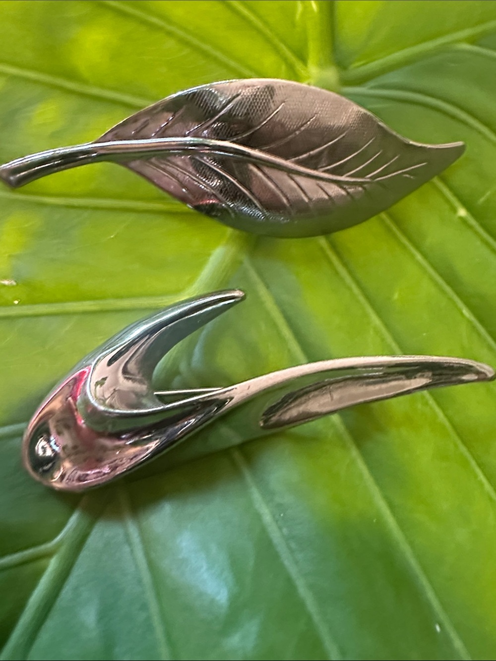 Polished Silver-Tone Leaf & Wave Brooch Duo